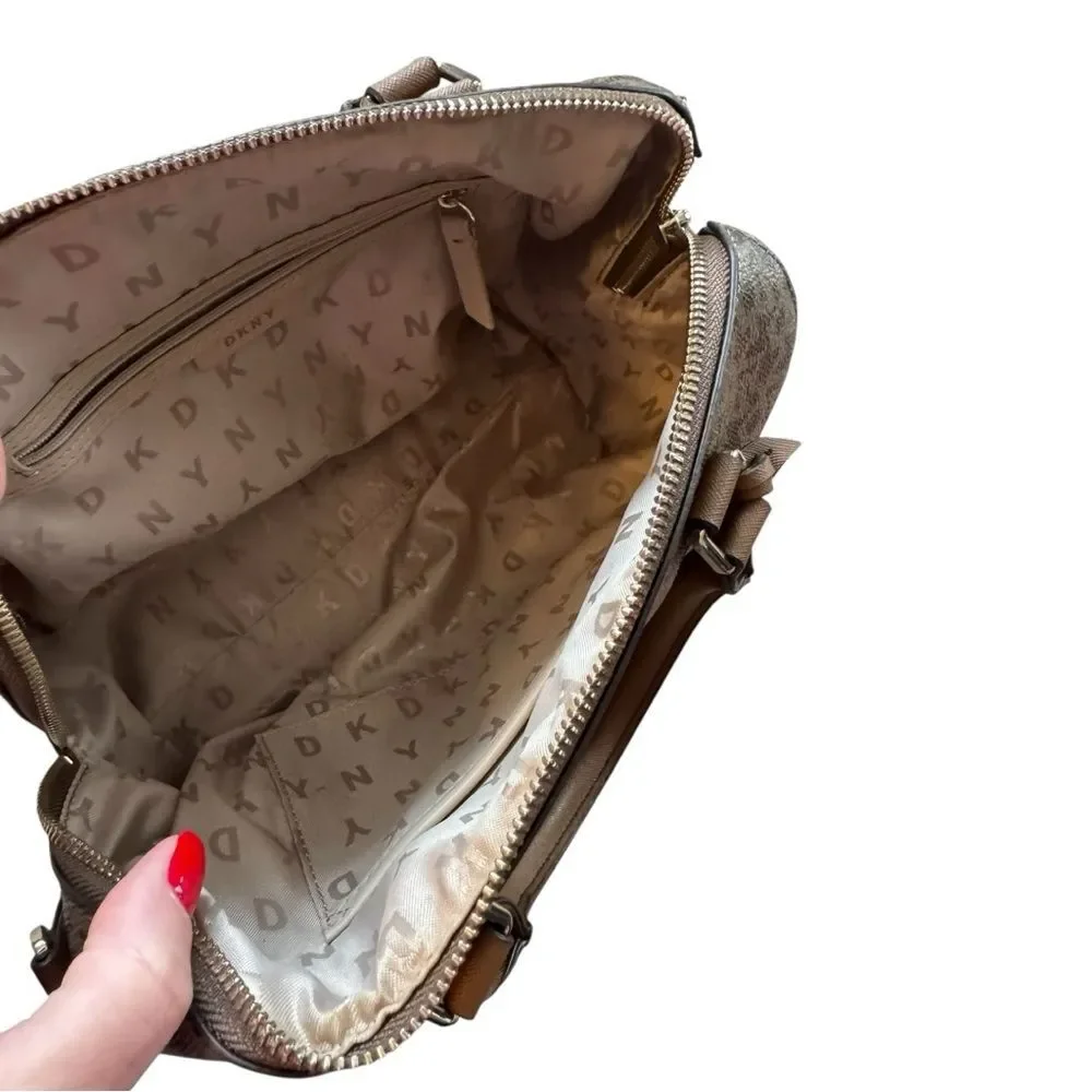 DKNY brown monogram bag is a DKNY Bryant Boston tote featuring an all-over logo